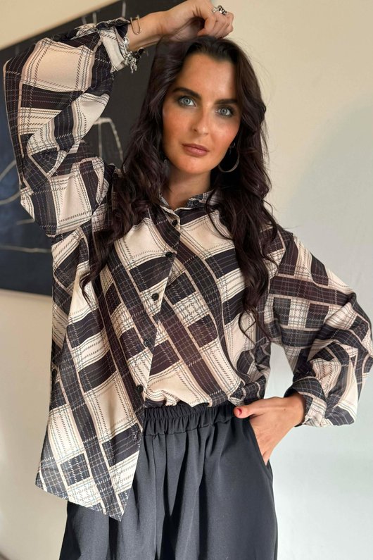 Ainsley Plaid Chiffon Blouse Stone /13=